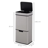 HOMCOM Mülleimer mit Sensor 47L + 2 x 12,5L Automatischer Abfalleimer mit Bewegungssensor, Wasserdichtes Mülltrennsystem aus Edelstahl für Küche Silber(m-3)