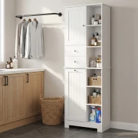 HOMCOM Badezimmerschrank Schmaler Badschrank mit 6 offenen Fächern und Wäschekorb, 2 Schubladen und Soft-Close-Tür, Weiß(m-8)