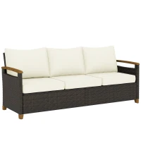 Outsunny Rattan Sofa mit Kissen, 3-Sitzer Gartensofa Loungesofa mit Stahlrahmen für Terrasse Garten 192 x 74 x 79 cm Cremeweiß(m-12)