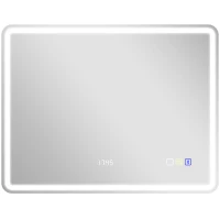 HOMCOM Badezimmerspiegel mit LED-Beleuchtung, Anti-Beschlags-Pad, 3 verstellbare Farben, Uhr, 700 x 900 mm, Silberfarben(m-1)