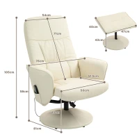 HOMCOM Poltrona de Massagem com Pufe Cadeira Ergonômica com 10 Pontos de Vibração Couro Sintético 76x81x105 cm Creme Branco(m-3)