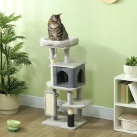 PawHut Albero per Gatti Multilivello Alto 104 cm con Casetta, Lettino, Pali Tiragraffi, Spazzola e Pallina, Grigio(m-2)