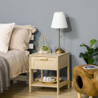 HOMCOM Chest of Drawer and Nightstands, Boho Rattan Furniture Set, Nature Wood Finish(m-8)