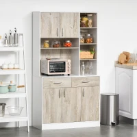 HOMCOM Mobile Buffet Dispensa Cucina, Ante Cassetti e Vani Aperti, 100L x 39P x 181.5Acm Bianco e Legno(m-14)