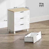 HOMCOM Comodă cu 3 Sertare Modernă din Lemn, 60x38x71 cm, Alb și Aspect de Lemn(m-3)