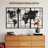 HOMCOM Wanddeko Metall 3 Stück Wanddekoration Weltkarte Wandkunst für Wohnzimmer Schlafzimmer Flur, 50 x 80 cm, Schwarz(m-7)