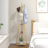 HOMCOM Cabide de pé em bambu suporte para roupas 8 ganchos 3 prateleiras 46 x 46 x 175 cm natural(m-6)
