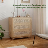 HOMCOM Commode 3 Tiroirs en Rotin, Meuble de Rangement, Chiffonnier, Pieds en Bois Massif, Style Bohème, 76x35x76cm, Chêne(m-5)