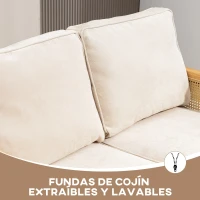 HOMCOM Sofá de 2 Plazas Tapizado en Chenilla con 2 Almohadas Lavables y Reposabrazos de Ratán Sintético 123x75x88 cm Beige(m-7)