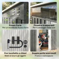 Outsunny Casetta da Giardino con Porte Scorrevoli e Pavimentazione in Acciaio, 195x122x181.5 cm, Grigio Chiaro(m-6)