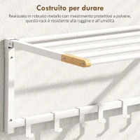 HOMCOM Portasciugamani a Parete Pieghevole con 5 Barre e 6 Ganci in Legno e Acciaio, 60x32.5x20 cm, Bianco(m-5)