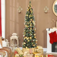 HOMCOM Albero di Natale Illuminato con 200 Luci LED, 42 Pigne e 42 Grappoli di Bacche, Ø65x180 cm, Verde e Argento(m-10)