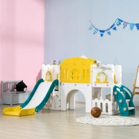 AIYAPLAY Escorrega infantil, estrutura de jogo 7-in-1, com basquete & volante, para 1-3 anos, 178x177x99cm, Amarelo/Branco/Verde(m-6)