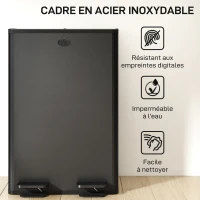 HOMCOM Poubelle de cuisine 2 compartiments de 2 x 28L, acier inoxydable, couvercle à fermeture douce, 45,8x36x67,6cm, noir(m-9)
