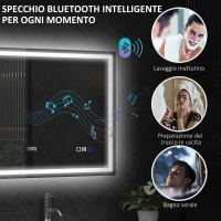 HOMCOM Specchio Bagno Antiappannante con Luce LED Regolabile, Speaker Bluetooth, Pulsanti Touch, 80x100 cm(m-4)