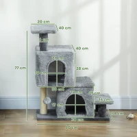 PawHut Scară pentru Pisici cu 4 Trepte Reglabilă pe Înălțime, cu 2 Căsuțe, Stâlp de Zgâriat și Biluță, Gri(m-3)
