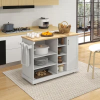 HOMCOM Carrinho ilha de cozinha com rodízios 7 compartimentos 1 armário 1 porta 1 suporte para panos 129 x 51 x 93 cm madeira e branco(m-2)