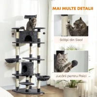 PawHut Copac Stâlp de Zgâriat Per Pisici Înalt 200cm Con Căsuțe E Hamace Gri Închis(m-5)