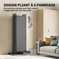 Outsunny Paravent 5 Panneaux 252x170cm, Paravent Pliant avec 12 Roulettes et Clips de Connexion, Acier et Polyester, Gris Foncé(m-5)