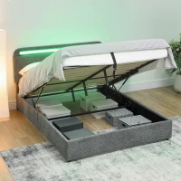 HOMCOM Lit coffre 140 x 190 cm avec éclairage LED, tête de lit réglable, cadre de lit double, sommier à lattes en bois, gris(m-8)