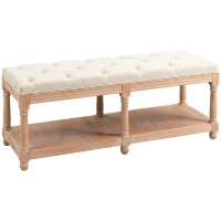 HOMCOM 2-Tier Bed End Bench, Vintage Stool, Wooden Window Seat with Storage Shelf, Button Tufted Upholstered Footstool for Living Room, Bedroom, Entryway, Cream White(m-1)