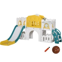 AIYAPLAY Escorrega infantil, estrutura de jogo 7-in-1, com basquete & volante, para 1-3 anos, 178x177x99cm, Amarelo/Branco/Verde(m-1)