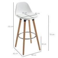 HOMCOM Lot de 4 tabourets de bar style scandinave hauteur 70 cm avec pieds en bois et repose-pieds en acier - blanc(m-3)