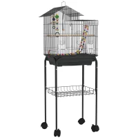 PawHut Gabbia per Uccelli con Piedistallo, Ruote Girevoli, Ripiano e Accessori, 46x36x120 cm, Nero(m-1)
