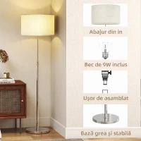 HOMCOM Lampă de Podea cu Telecomandă și Luminozitate Reglabilă 3000k-6000k, cu Abajur Textil, Argintie(m-7)