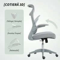 HOMCOM Scaun de Birou Ergonomic cu Brațe Reglabile, Spătar din Plasă și Tetieră, Gri(m-6)