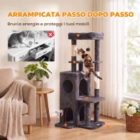 PawHut Albero Tiragraffi per Gatti Alto 132 cm con Pali in Sisal, Cuccia e Casetta, Grigio Scuro(m-6)