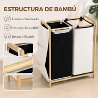 HOMCOM Cesto de Ropa Sucia con Tapa 120L de Bambú con 2 Compartimentos Bolsas con Cordón Bolsillos Laterales Blanco y Negro(m-7)