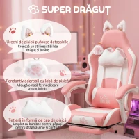 HOMCOM Scaun de Gaming Ergonomic cu Urechi de Pisică, Suport pentru Picioare, Suport Lombar și pentru Gât, Roz(m-4)