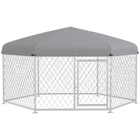 PawHut Recinto per Cani Taglia Grande con Tetto in Tessuto Oxford Anti UV, 2.1x1.85x1.5m, Argento e Grigio(m-1)