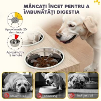 PawHut Suport pentru Boluri pentru Câini cu 2 Boluri de 2L din Oțel Inoxidabil și Dulap Inferior, din Lemn, 60x30x35,5 cm, Stejar(m-7)
