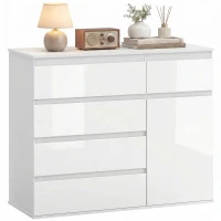 HOMCOM Modernes Sideboard, Stauraum-Sideboard mit 5 Schubladen, verstellbarem Regal, Soft-Close-Tür, Weiß Hochglanz(m-12)