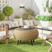 Outsunny Beistelltisch aus Polyrattan runder Kaffeetisch Couchtisch mit Glas Tischplatte Ø75 x 42 cm Braun(m-10)