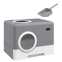 PawHut Lettiera per Gatti con Coperchio e Paletta, Doppio Ingresso e Vassoio Estraibile, 52x41x38.5 cm, Grigio(m-1)