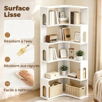 HOMCOM Bibliothèque d'angle, étagère de rangement à 6 niveaux avec panneaux latéraux arqués, 60 x 60 x 165,5 cm, blanc(m-6)