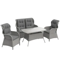 Outsunny Garden PE Rattan Dining Sofa Set, Outdoor 4 Seater Wicker Furniture, High Back Chairs with Cushions, Tempered Glass Coffee Table for Patio, Light Grey(m-1)