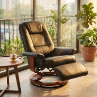 HOMCOM Fauteuil Relax Inclinable, Fauteuil de Salon, Repose-Pieds Réglable, Pivotant 360°, Piètement Bois, Revêtement Synthétique, Noir(m-12)