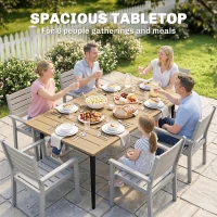 Outsunny Garden Dining Table, 150 x 90 cm Rectangle Outdoor Table with 5 cm Parasol Hole, Slatted Tabletop and Steel Frame for Patio Balcony, (Table Only) Brown(m-5)