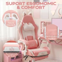 HOMCOM Scaun de Gaming Ergonomic cu Urechi de Pisică, Suport pentru Picioare, Suport Lombar și pentru Gât, Roz(m-6)
