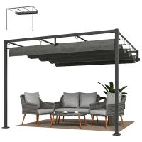Outsunny Pergola Addossata 3x3 m con Tetto Retrattile Scorrevole UV30+ e Fori di Drenaggio, Grigio Scuro(m-11)