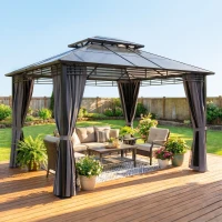 Outsunny Tonnelle de Jardin Pavillon Toit Rigide en Polycarbonate Deux Niveaux Imperméable UV50+ 356x296x285cm Gris Foncé(m-12)