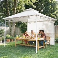 Outsunny Pavillon Tonnelle de Jardin Toit Double Rideaux et Poches de Rangement Crochet de Plafond 3 x 3 m Crème(m-11)