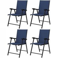 Outsunny Folding Garden Chairs Set of 4, Foldable Garden Dining Chairs with High Back, Armrests, Texteline Seat, Navy Blue(m-15)