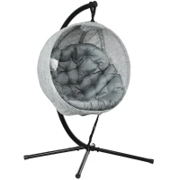 Outsunny Hanging Egg Chair Outdoor Indoor Garden Swing Chair with Folding Basket, Thickened Cushion, Cup Holder for Patio, Balcony, Grey(m-1)