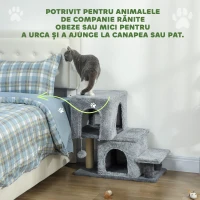 PawHut Scară pentru Pisici cu 4 Trepte Reglabilă pe Înălțime, cu 2 Căsuțe, Stâlp de Zgâriat și Biluță, Gri(m-7)