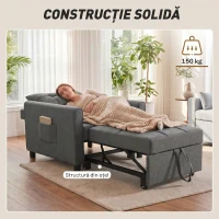 HOMCOM Fotoliu Pat Single 3 în 1 din Material Textil Tip In și Lemn cu Spătar Reclinabil, Pernă, Buzunare, Gri(m-7)